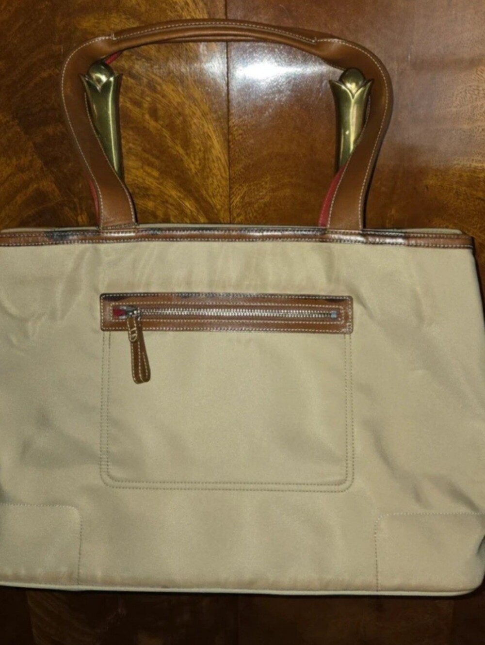COACH, Classic Beige Tote Bag with Brown Leather Handles